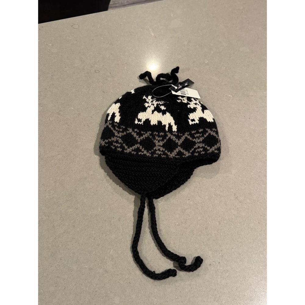 Crown‎ Cap Winter Hat Black White Reindeer Fair Isle Earmuff Tassel Knit